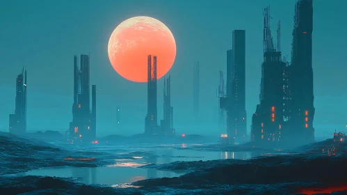 Sci-Fi City at Night under an Orange Moon