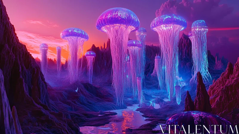 Floating Jellyfish in a Mystical Terrain AI Image