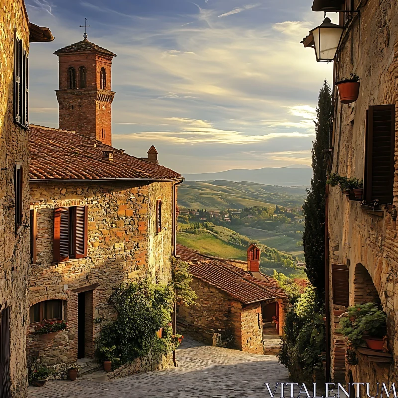 Sunlit Village Street with Tower and Lush Hills AI Image