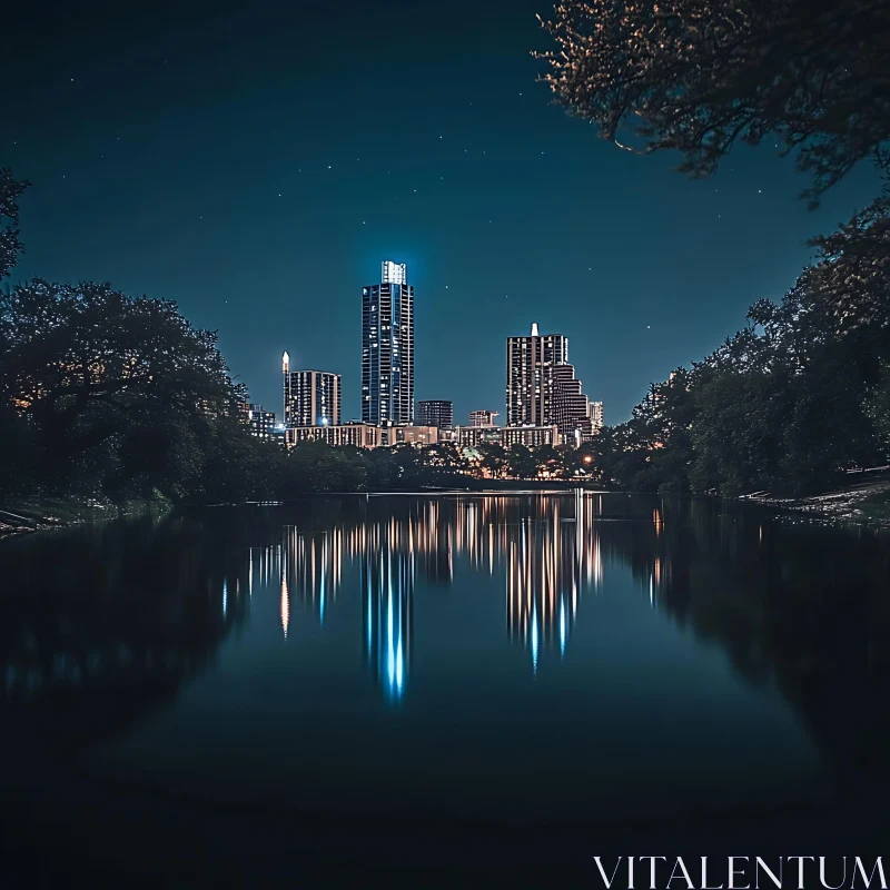 AI ART Nighttime Urban Skyline with Reflective Water