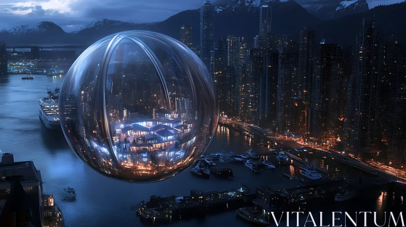 Hovering Sphere in Futuristic Cityscape at Night AI Image