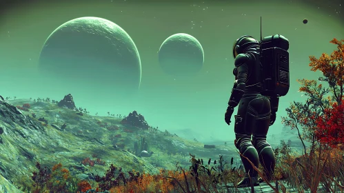 Astronaut on Alien Terrain with Planets