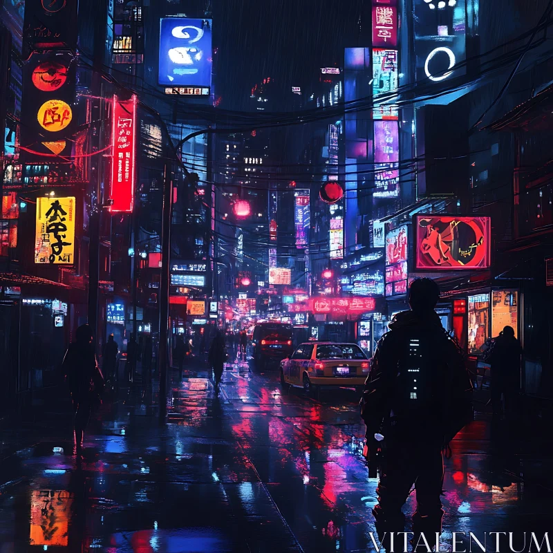 Futuristic Urban Neon Rainy Night AI Image