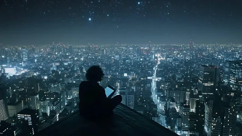 Urban Nightscape with Person on Ledge