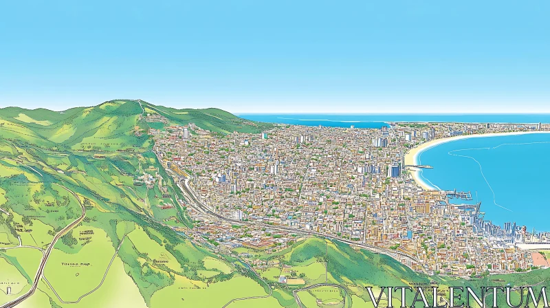 AI ART Coastal City Bird's-Eye View with Mountainous Backdrop
