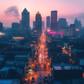 Urban Nightscape with Skyscrapers and Street Lights