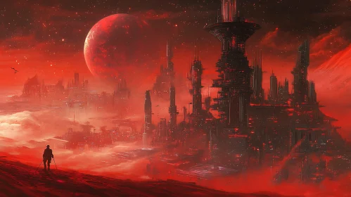 Red Planet Alien Cityview with Silhouette on a Dune