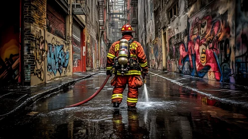 Firefighter in Urban Alley with Graffiti