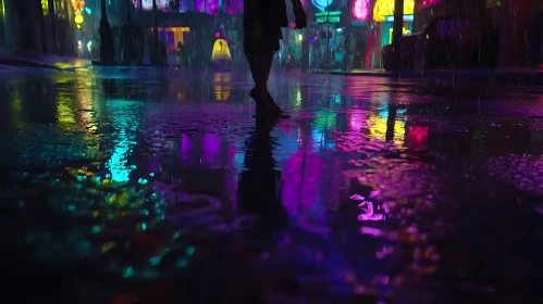 Urban Night Scene with Rain and Neon Lights