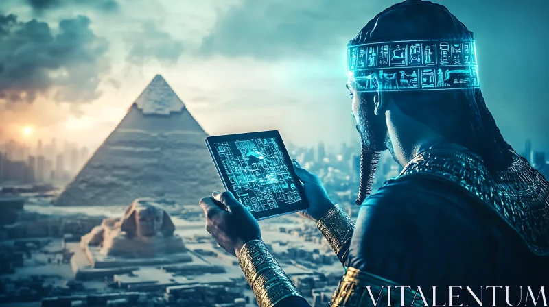 Futuristic Pharaoh with Tablet Near Pyramids