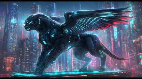Futuristic Winged Panther in Neon Urban Landscape