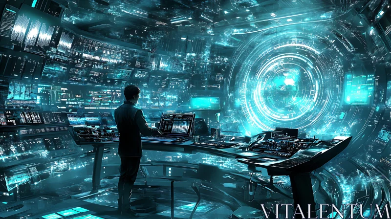 High-Tech Digital Control Room with Holographic Interfaces