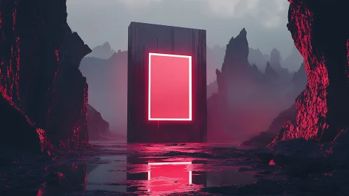 Surreal Neon-Lit Monolith in Alien Terrain