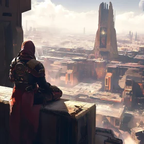 Future Knight Gazing over Misty Mega-City