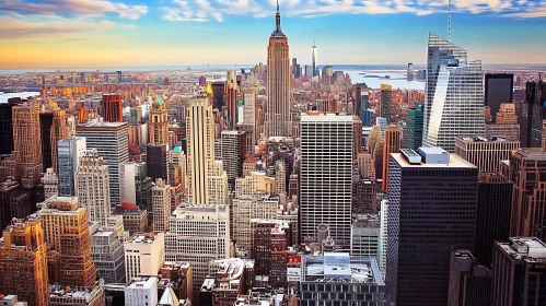 Urban Cityscape with Skyscrapers and Sunset Sky