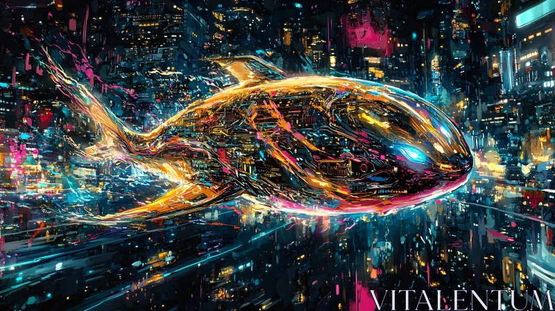 Cybernetic Whale Swimming in Neon-Infused City