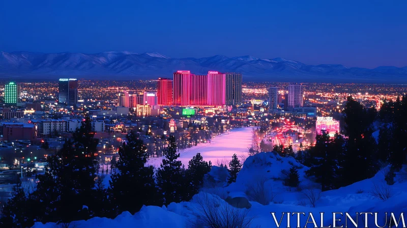 Vivid Night Scene of Urban Skyline and Snow-capped Landscape