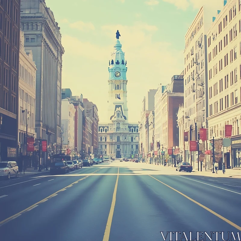 Urban Serenity: City Boulevard with Grand Clock Tower