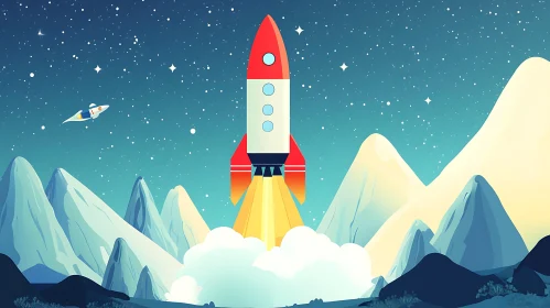 Space Rocket Launch Amidst Majestic Mountains