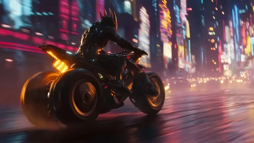 Cyberpunk City Nightscape with Futuristic Biker