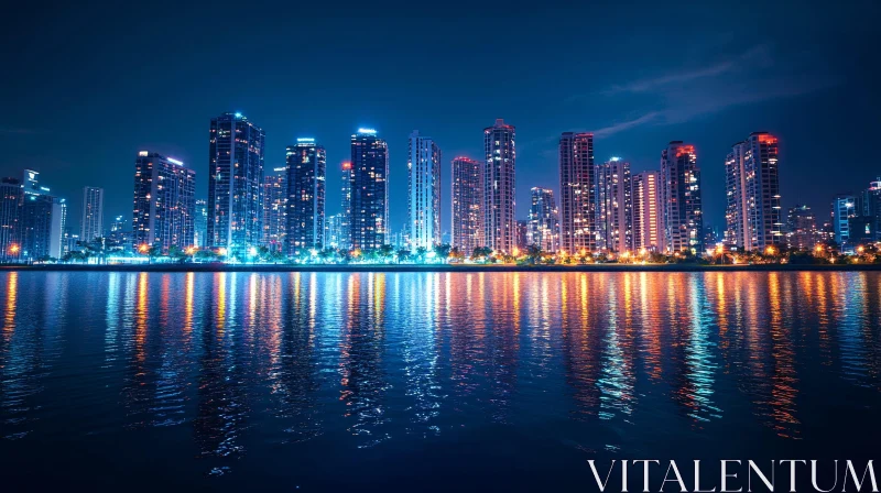 Illuminated City Skyline at Night with Reflections