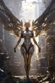 Cyborg With Exquisite Wings in a Futuristic City