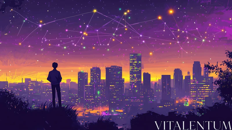 Stargazing Over an Urban Skyline at Dusk