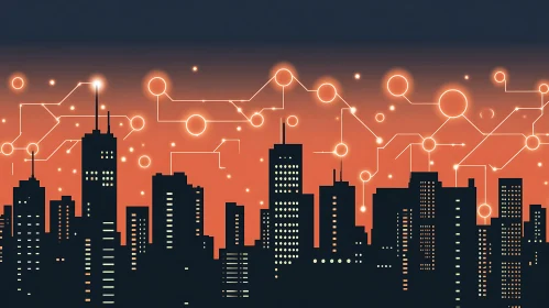 City Sunset with Digital Technology Overlay