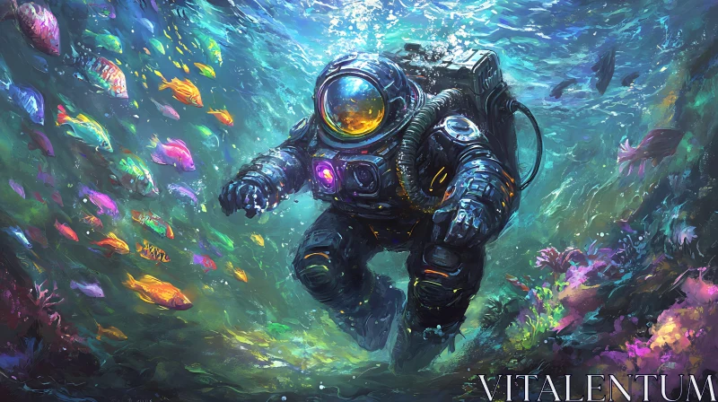 Astronaut Diver Amidst Vibrant Fish and Corals
