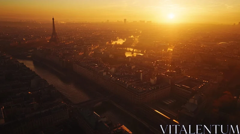 Sunset Over Paris: Eiffel Tower and Seine River Aerial Perspective AI Image