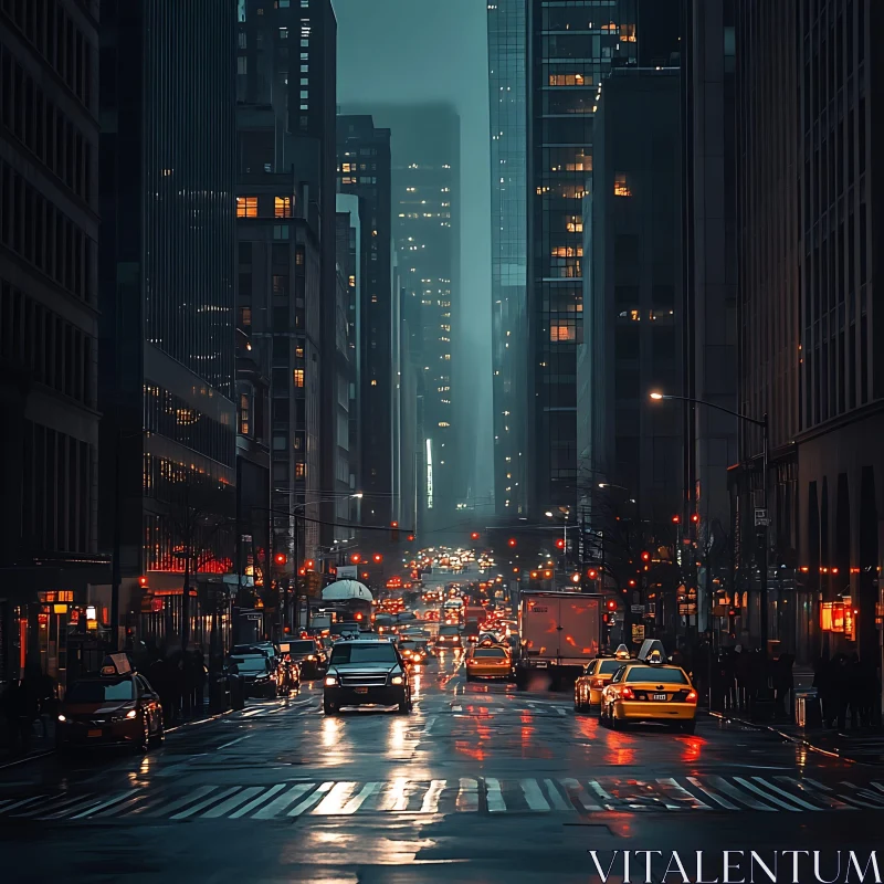 Moody Cityscape at Night with Rain and Lights AI Image