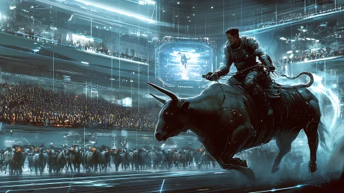 Cybernetic Bull Riding Competition in a Futuristic Arena