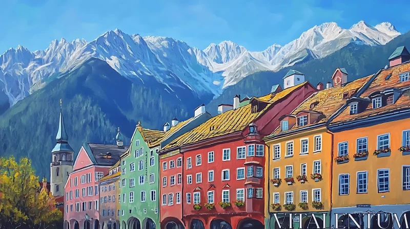 AI ART Scenic Village Landscape with Snow-Capped Mountains