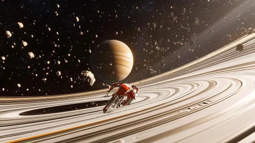 Futuristic Cyclist Exploring Saturn's Rings