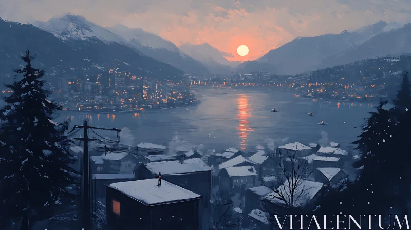 Winter Sunset Over a Snowy Town AI Image