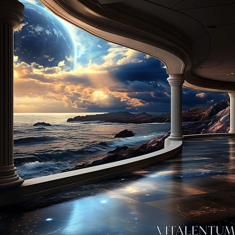 AI ART Fantasy Coastal View with Planet and Columns