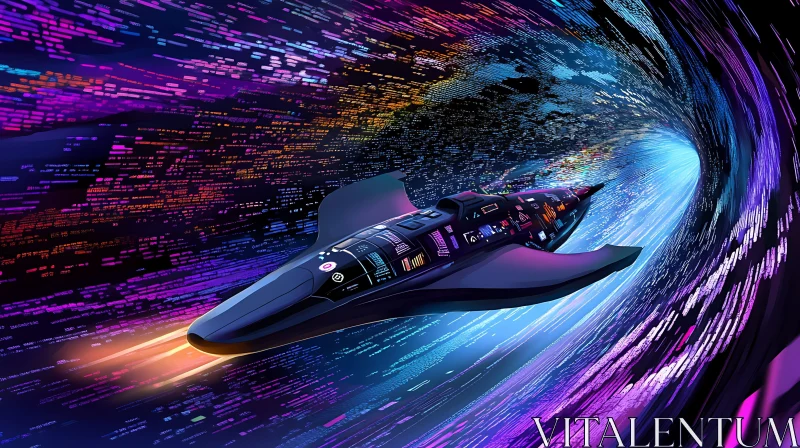 AI ART High-Speed Spaceship in a Neon Digital Tunnel