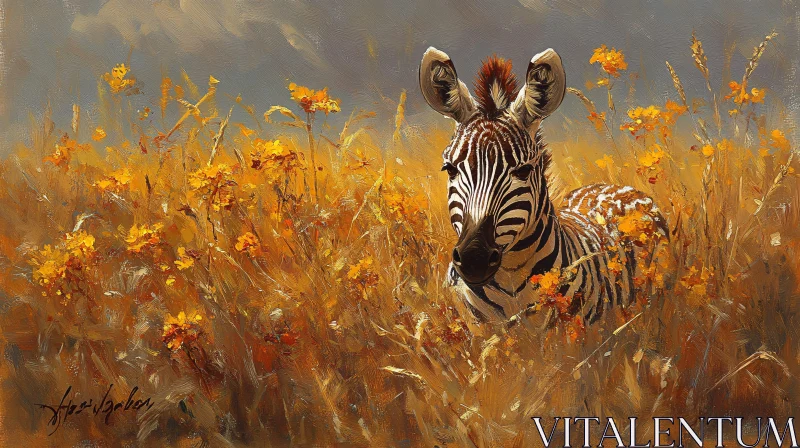 Savannah Zebra Art with Yellow Wildflowers AI Image