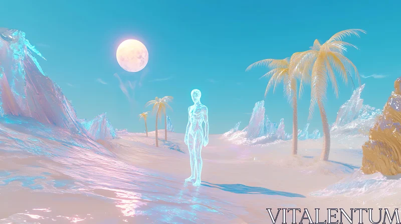 Ethereal Holographic Figure in Fantasy Desert Scene AI Image