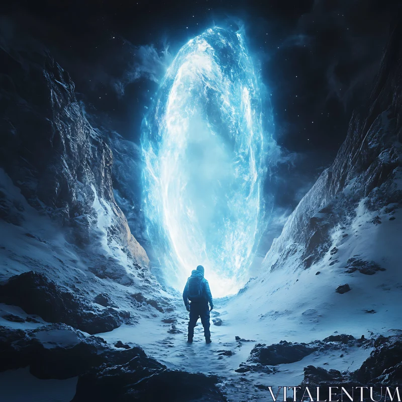 Enigmatic Blue Portal in a Snowy Mountain Pass AI Image