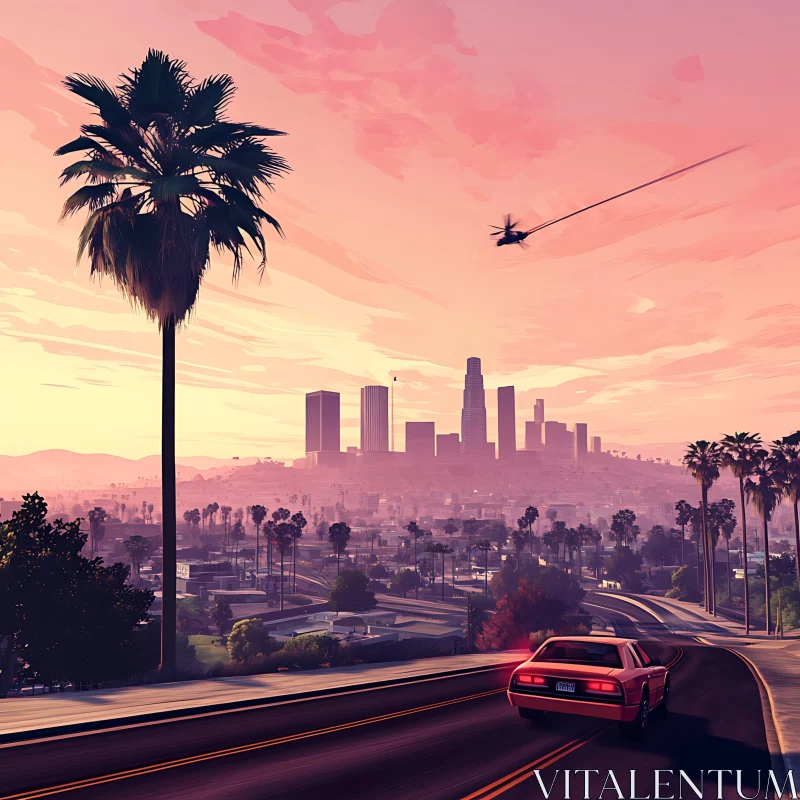 AI ART Cityscape at Sunset with Car and Helicopter