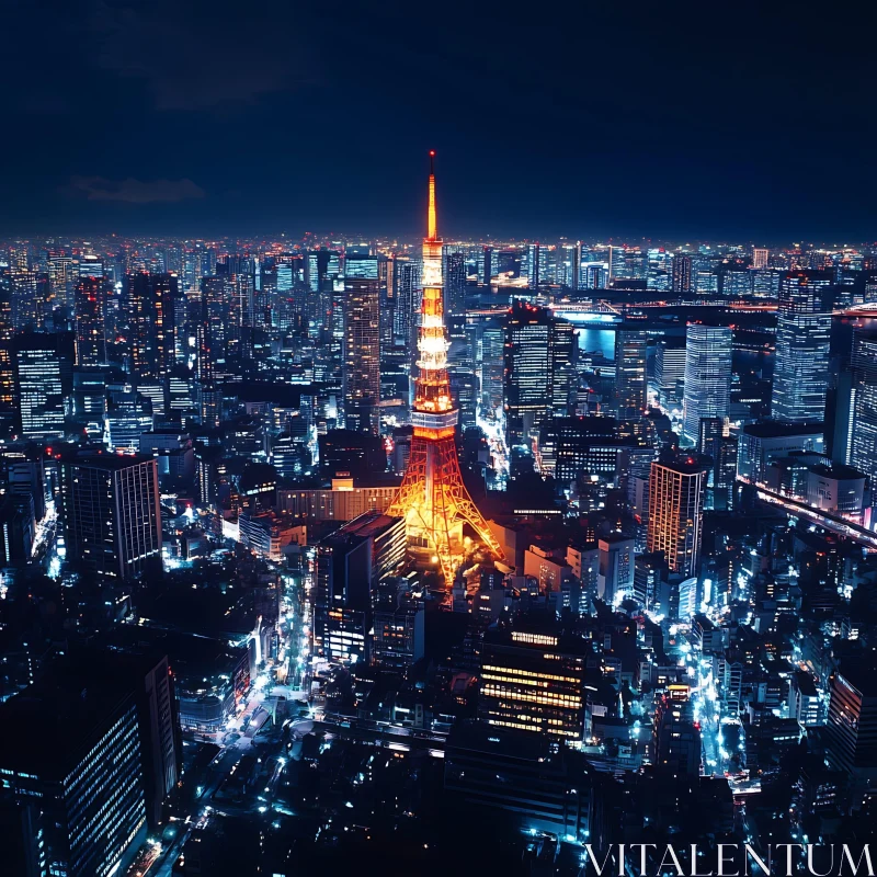 AI ART Night View of City with Radiant Tower