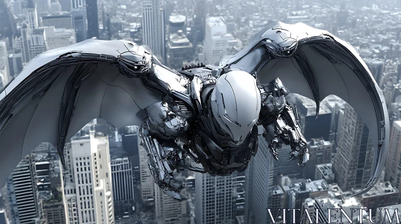 Advanced Technology Robot Flying Over Modern City AI Image