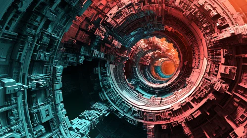 Surreal Geometric Tunnel with Red and Turquoise Colors