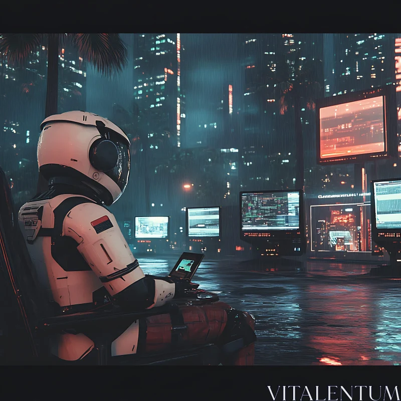 Cyberpunk Robot in a Technological Cityscape AI Image