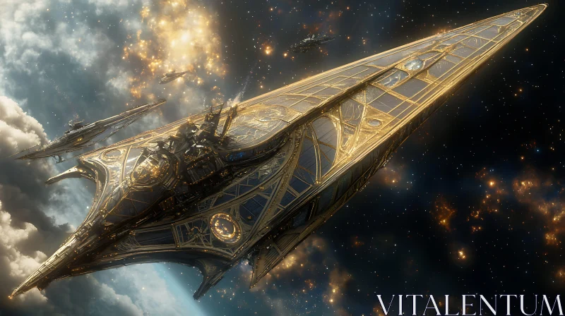 Detailed Golden Spaceship in the Galaxy AI Image