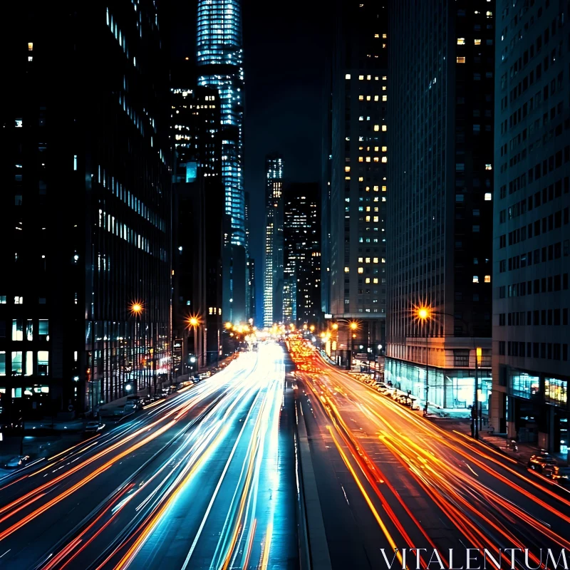 Dynamic Urban Night Scene with Streaking Car Lights AI Image