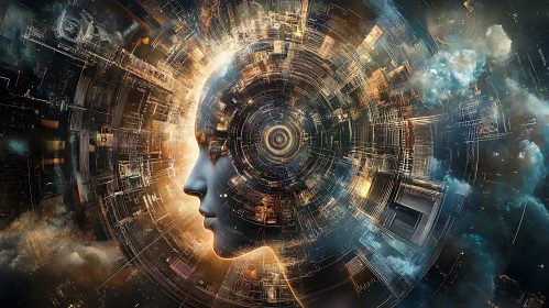 Digital Cyborg Head Surrounded by Spirals