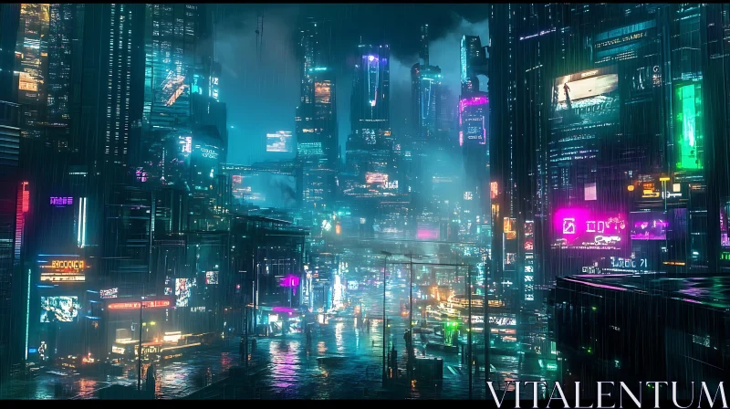 Neon Rainy Night in the Futuristic City AI Image