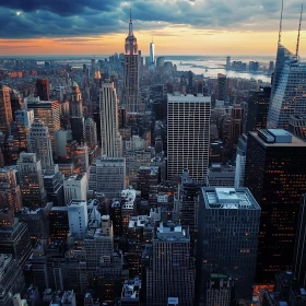 Urban Cityscape at Sunset with High-Rise Buildings